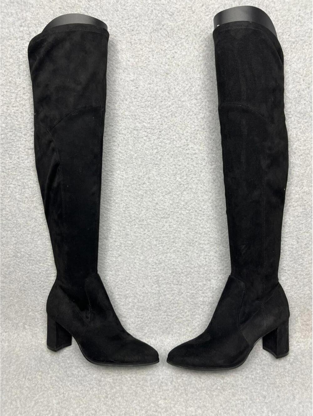 Marc Fisher Black Faux Suede OTK Boots Size 6M Pointed Toe Block Heel Glam Chic